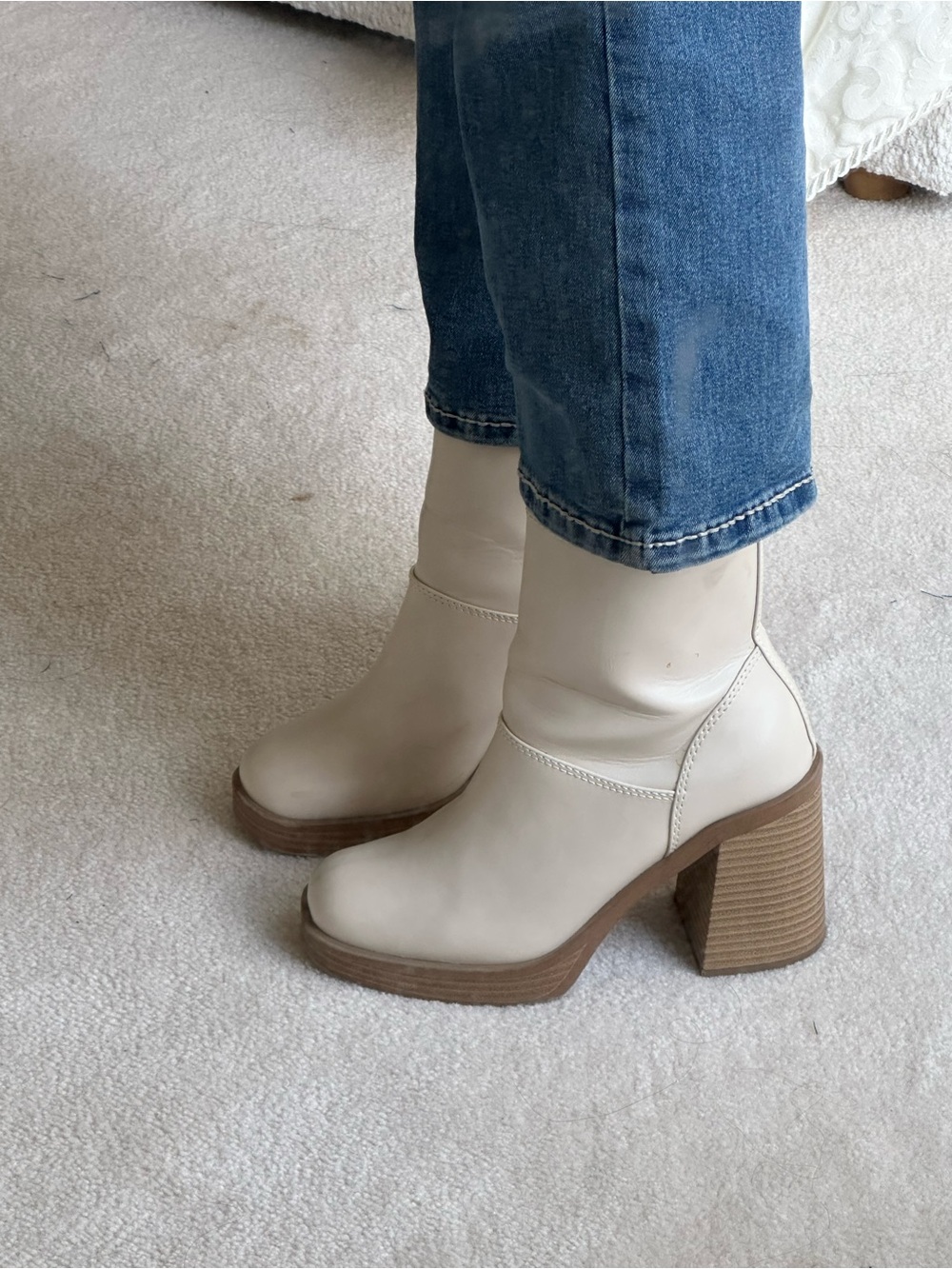 Women’s Cream Block Heel Ankle Boots - Picture 1 of 5